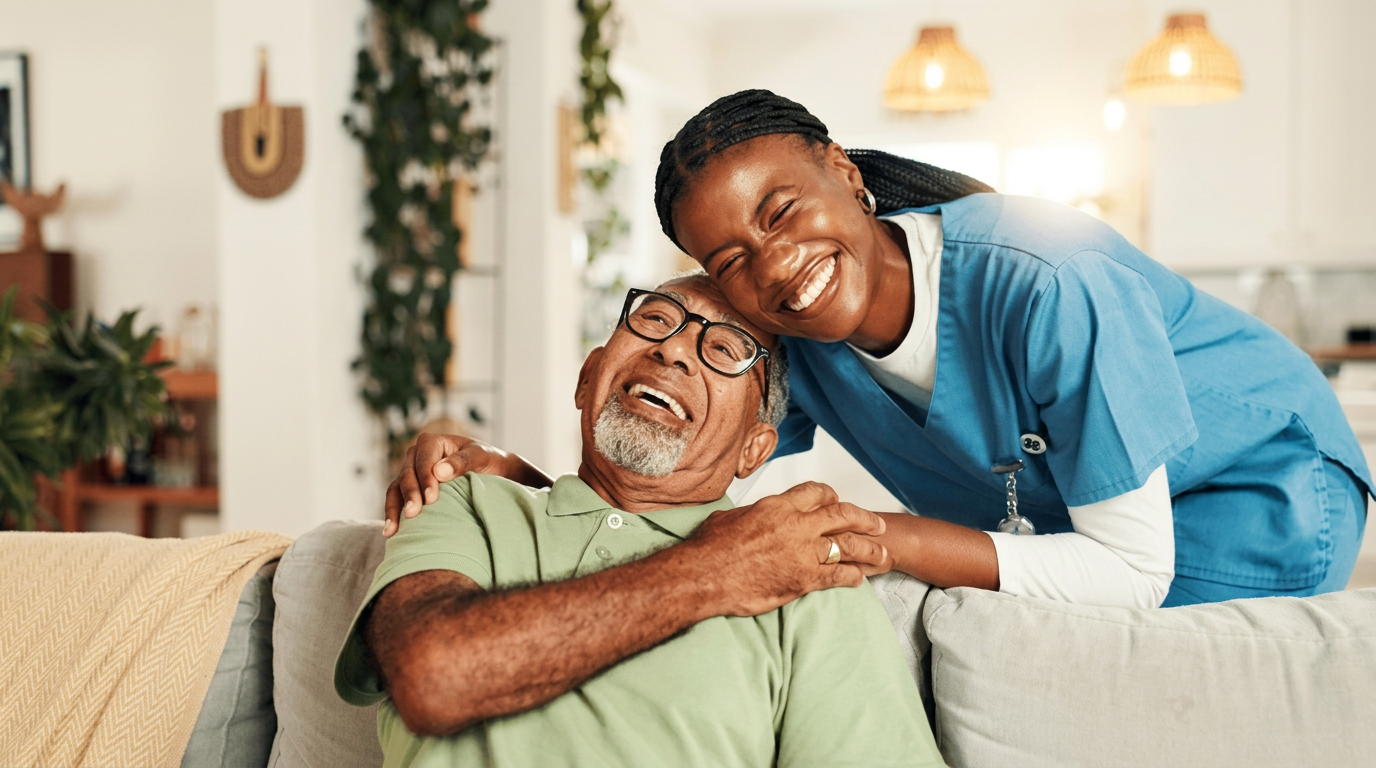 Caregiver gently holding the hand of an elderly woman at home